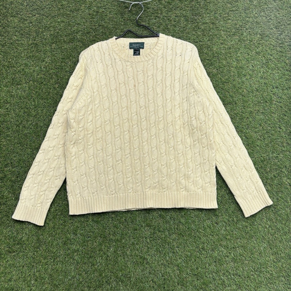 LRL Ralph Lauren Sweater Womens Medium Petite Cream Yellow Cotton Cable Knit